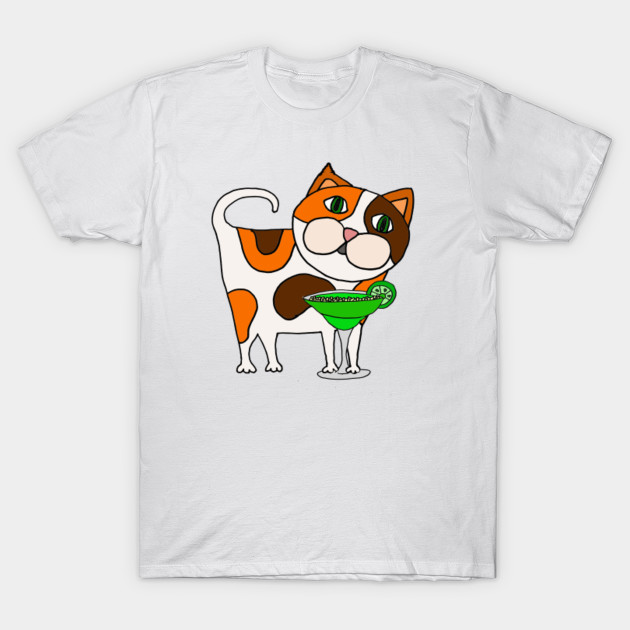 Cool Funky Calico Cat Drinking Margarita Cartoon T-Shirt-TOZ